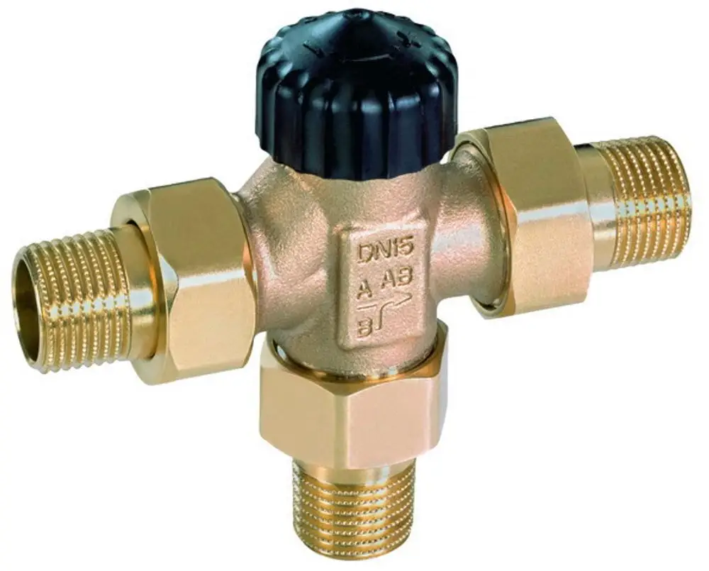 Dreiwege-Mischventil aus Messing mit schwarzem Handrad. Kompatibel für Heizungs- und Kühlanlagen, hergestellt von IMI Hydronic Engineering.